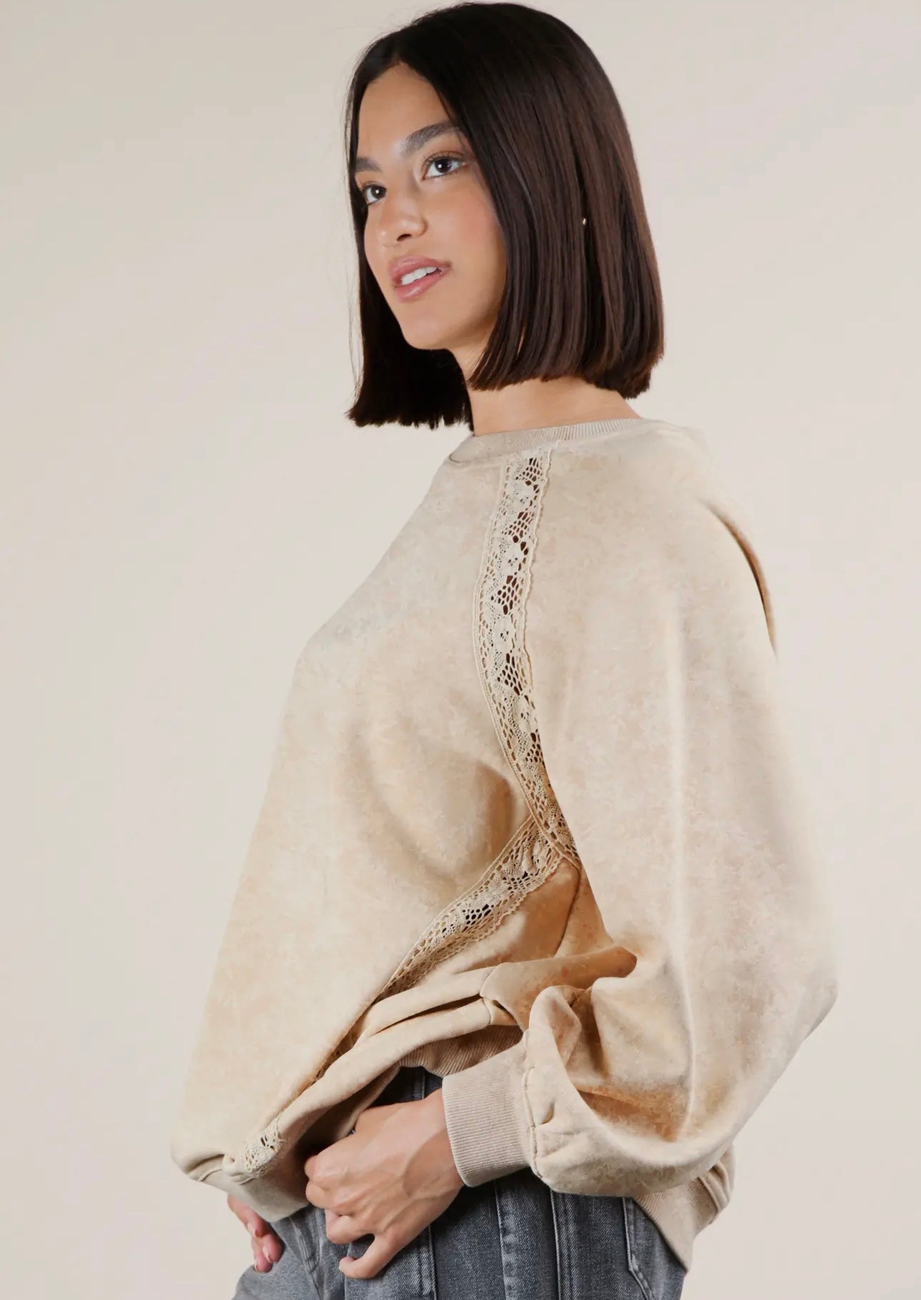 Lace Trim Mineral Washed Top (Natural)