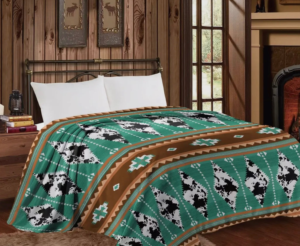 Green and Cowprint Thin Throw Blanket