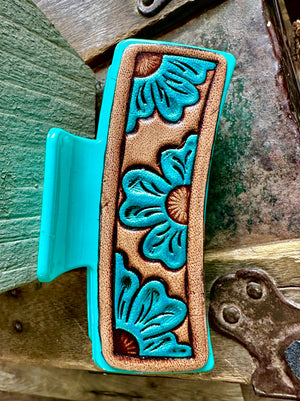 Blue Leather Tooled Flower Claw Clip 4”