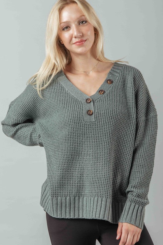 Sage V-neck Waffle Knit Top