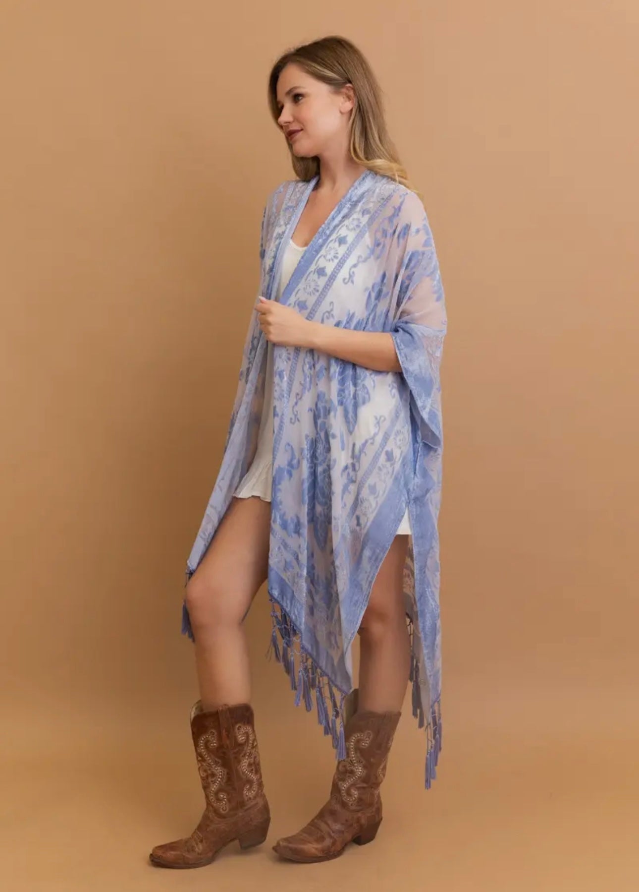 Heavenly Velvet Mesh Tassle Kimono (Ocean Blue)