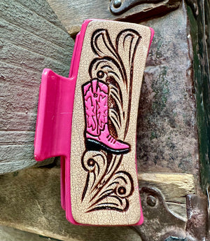 Pink Tooled Leather Cowgirl Boot Claw Clip 4”