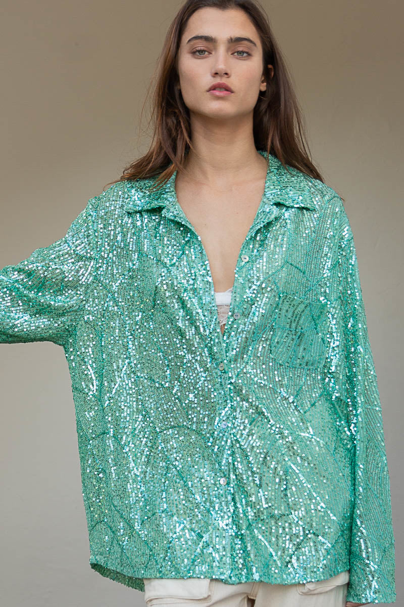 Lifes A Party Sequin Button Up (Mint)