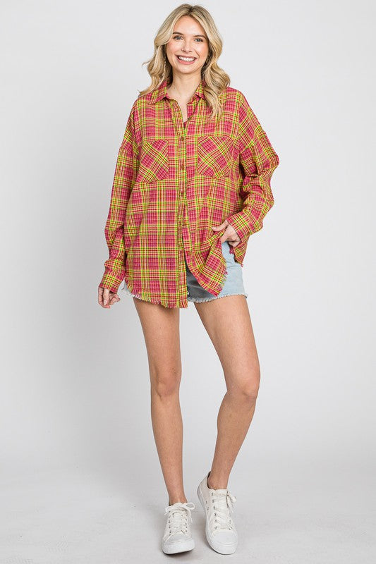 Oversized Plaid Button Up (Pink)