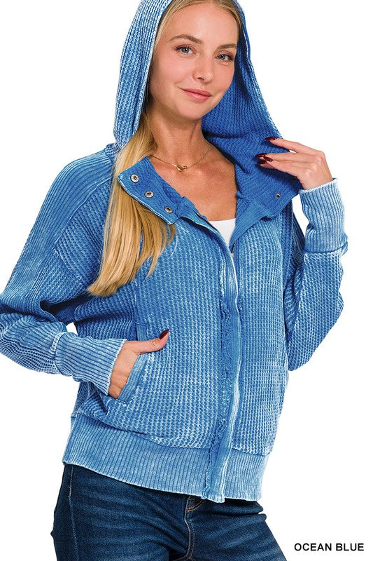 Acid Wash Waffle Knit Zip Up Jacket (Ocean Blue)