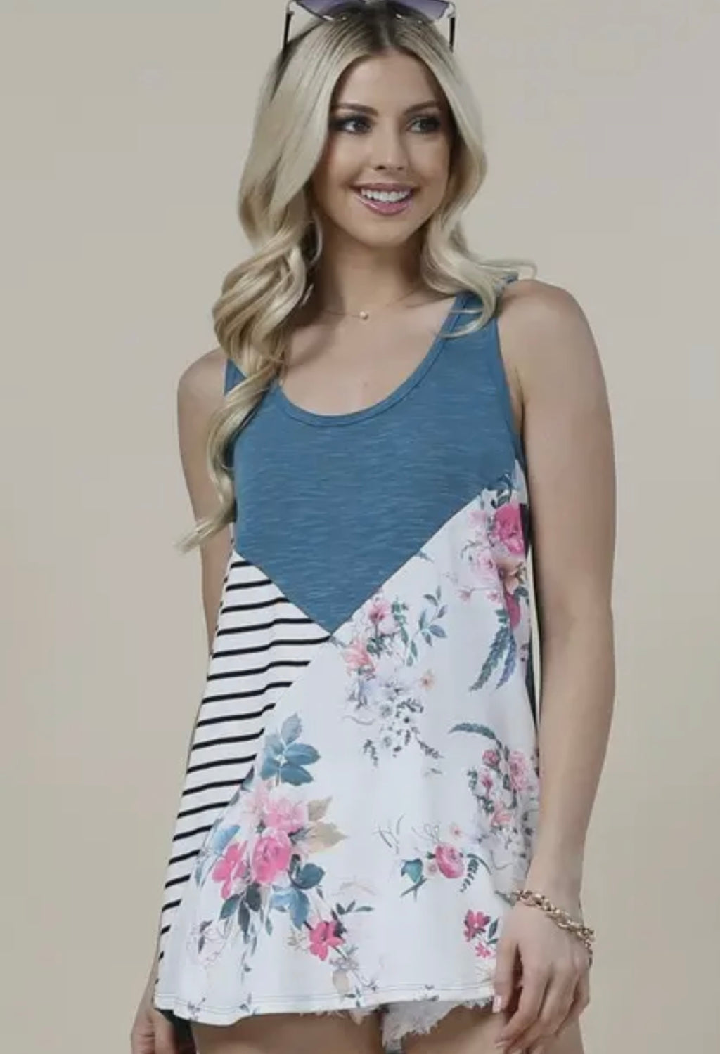 Teal Striped and Floral Tank