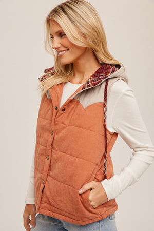 Puff Color Block Plaid Hoodie Vest (Cream/Orange)