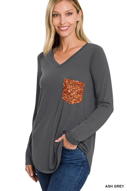 SEQUIN POCKET TOP (GREY)