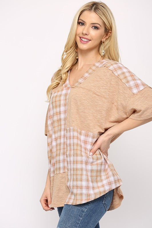 Plaid Color-block Top (Sand)