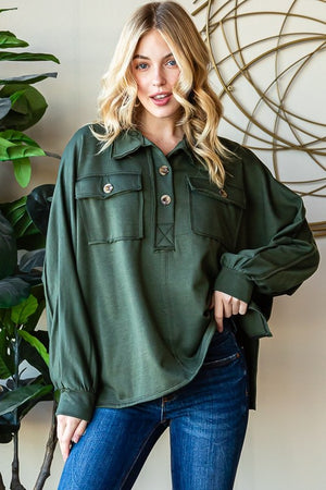 Olive Green Texture Knit Henley Top