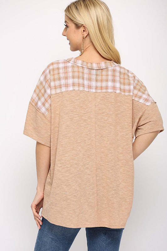 Plaid Color-block Top (Sand)