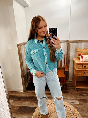 Waffle Knit Cropped Jacket (LT TEAL)