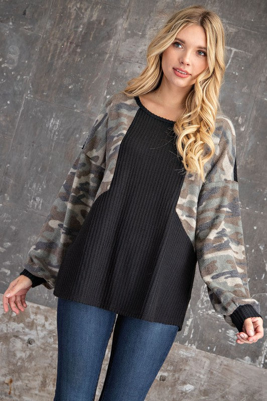 Brushed Waffle Black & Camo Top