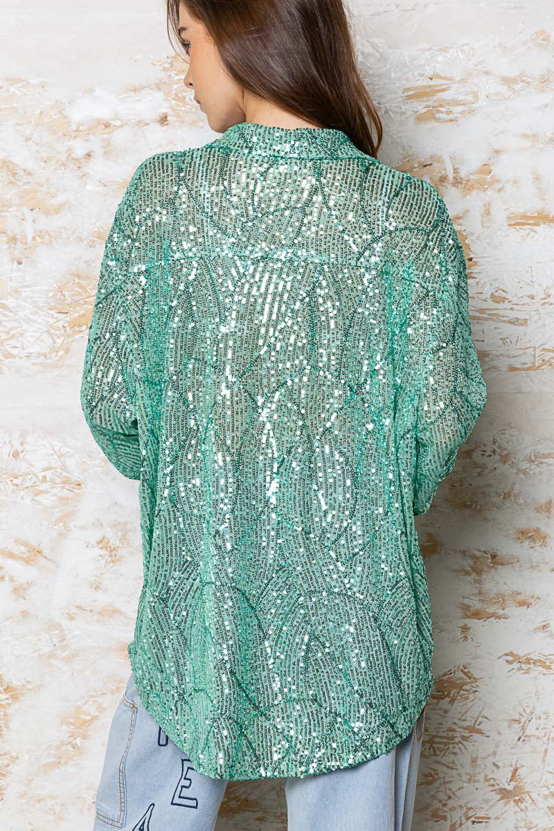 Lifes A Party Sequin Button Up (Mint)