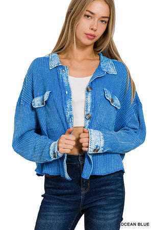 Waffle Knit Cropped Jacket (Ocean Blue)