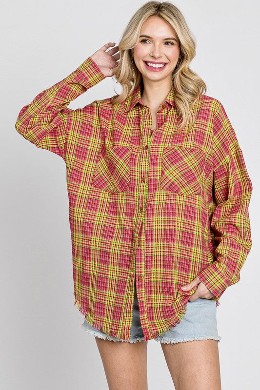 Oversized Plaid Button Up (Pink)