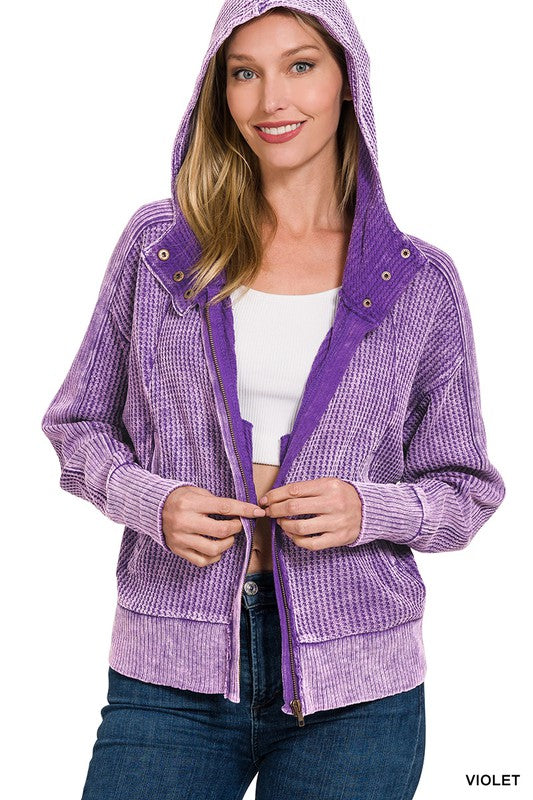 Acid Wash Waffle Knit Zip Up Jacket (Violet)