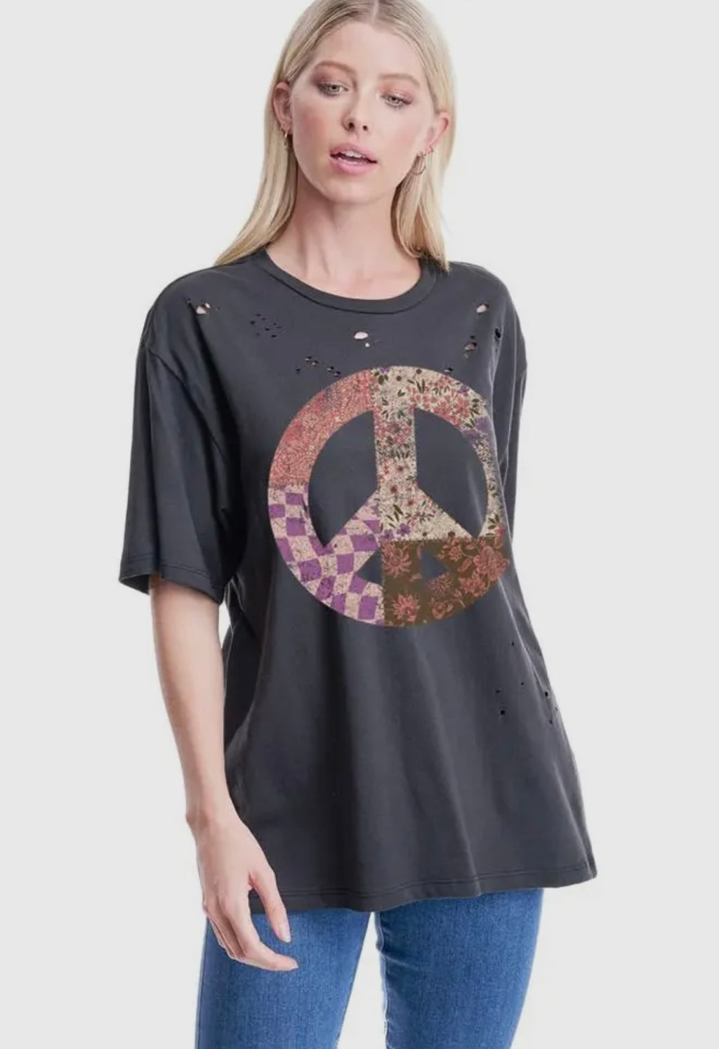 Boho Peace Floral Distressed Graphic Tee