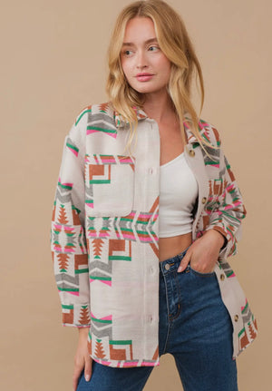 Adalaya Aztec Button Up Shacket