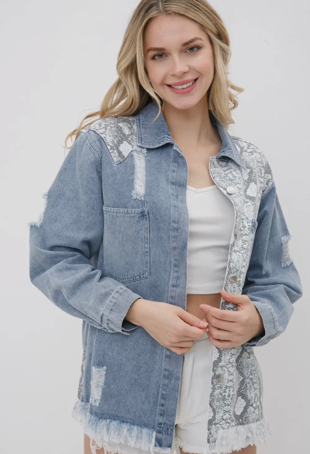 Denim Snake Print Color Block Shacket