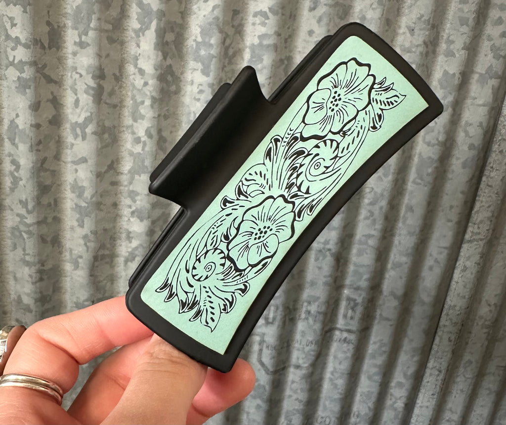 Blue Floral Engraved Leatherette Black Hair Claw