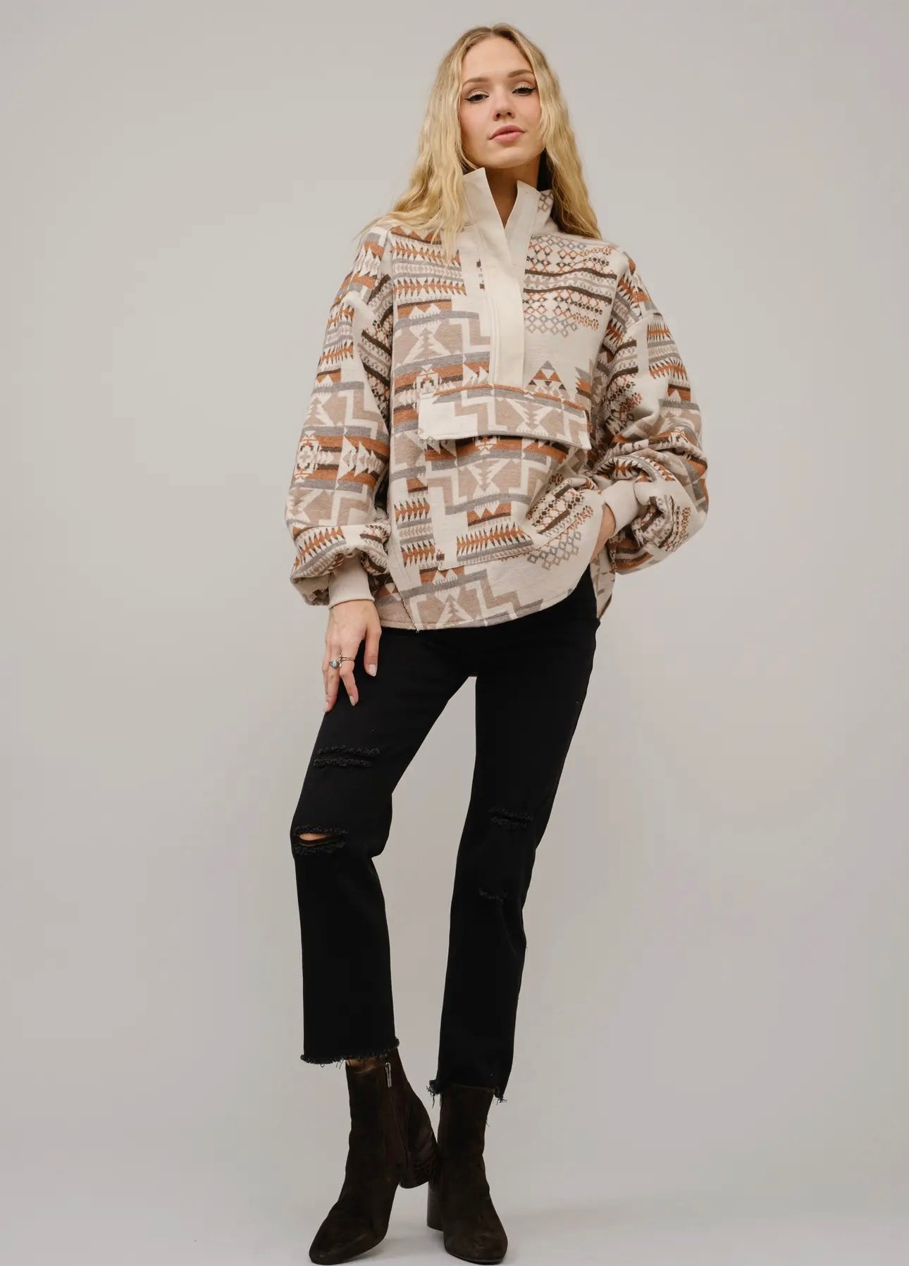 Aztec Jacquard Mock Neck Pullover