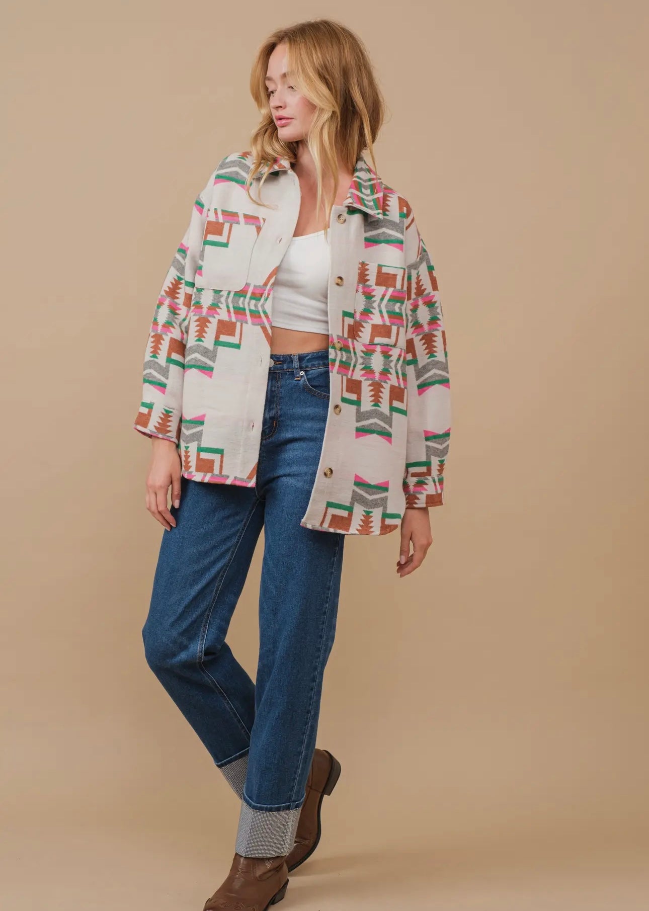 Adalaya Aztec Button Up Shacket