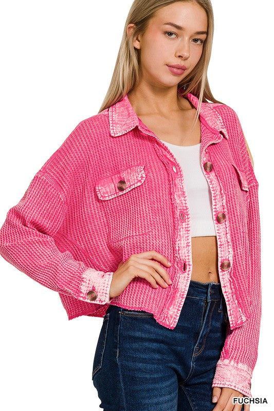 Waffle Knit Cropped Jacket (Fuchsia)