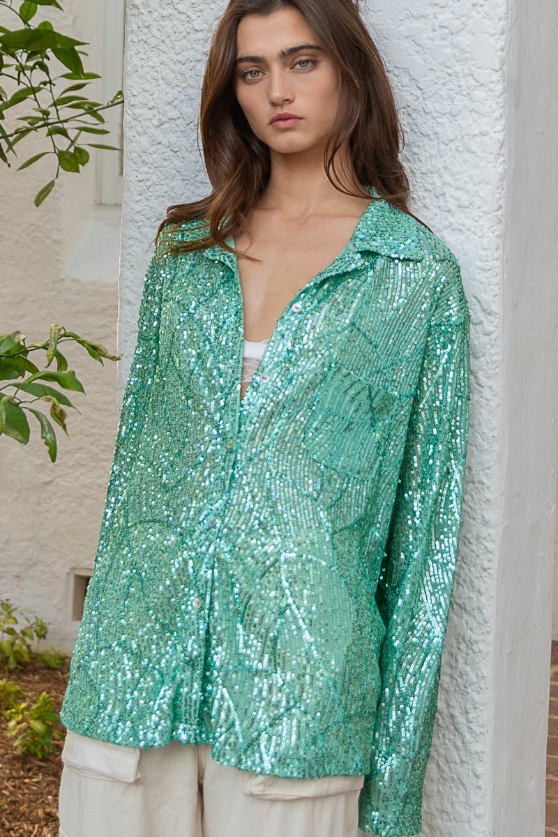 Lifes A Party Sequin Button Up (Mint)