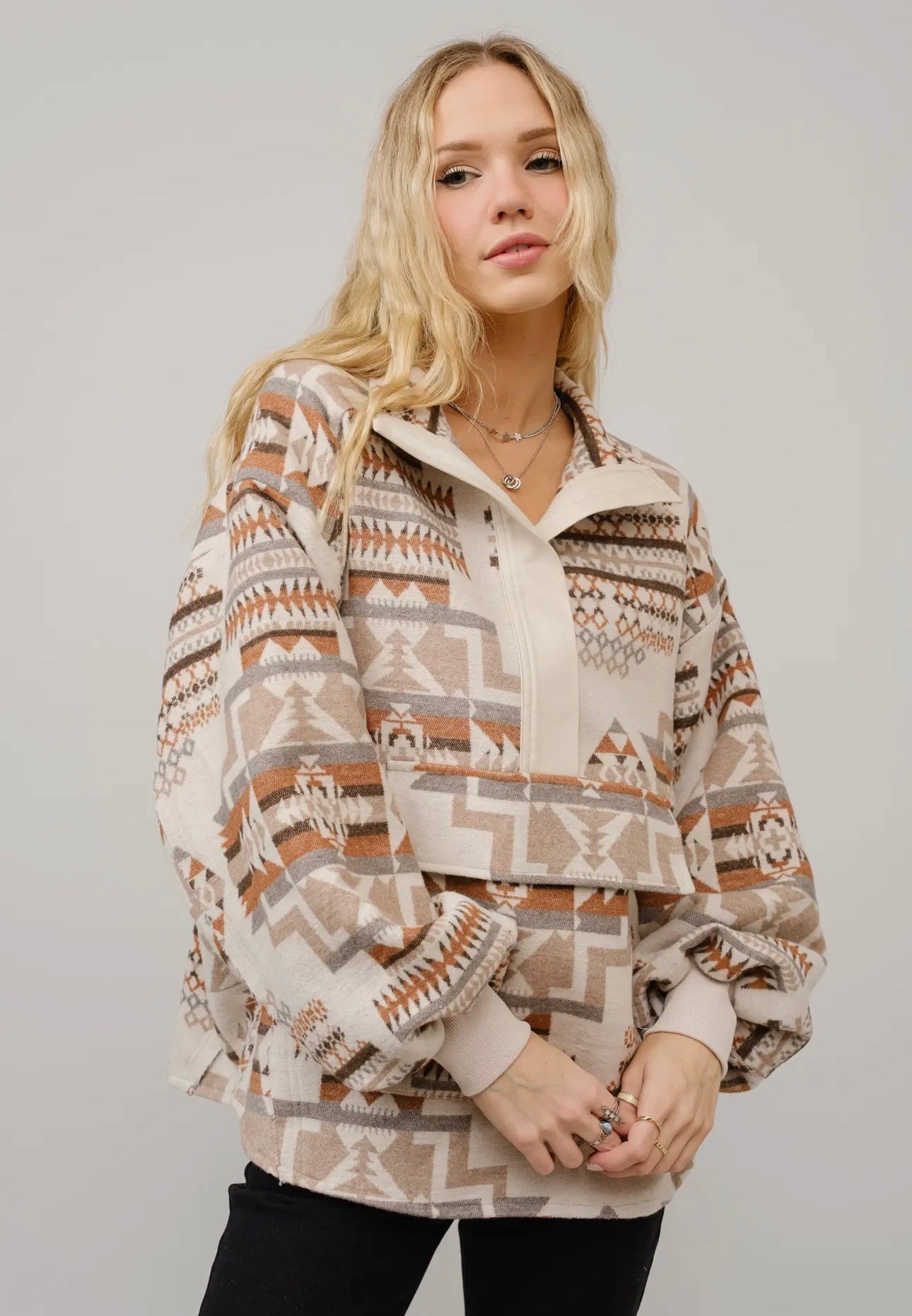 Aztec Jacquard Mock Neck Pullover