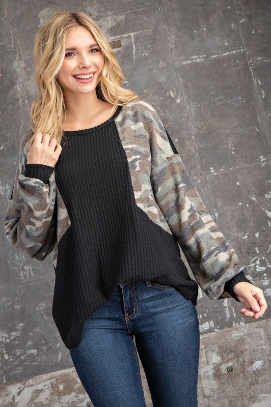 Brushed Waffle Black & Camo Top