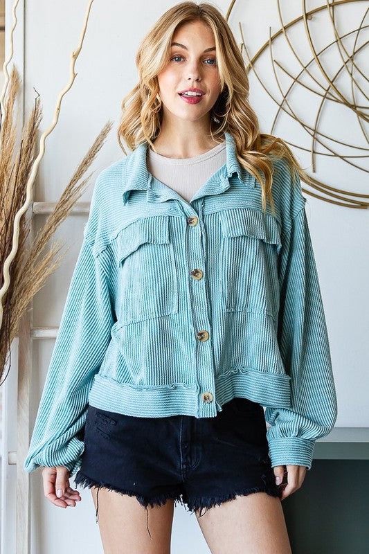 Oversized Crop Button Shacket (Sage Blue)