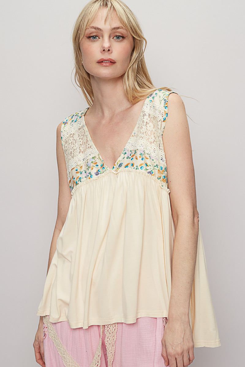 POL Lace V-Neck Floral Tank