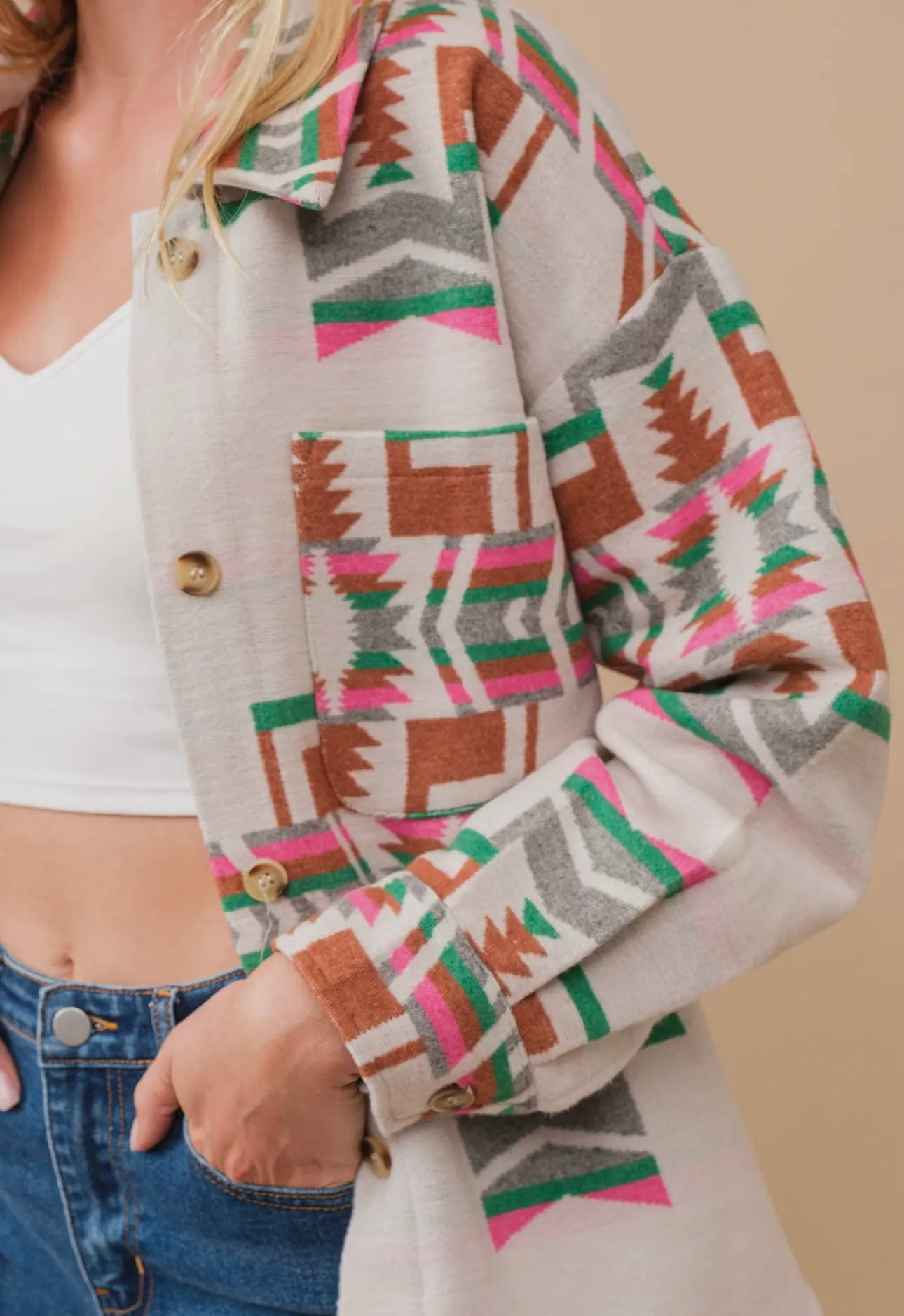 Adalaya Aztec Button Up Shacket