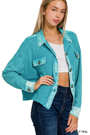 Waffle Knit Cropped Jacket (LT TEAL)