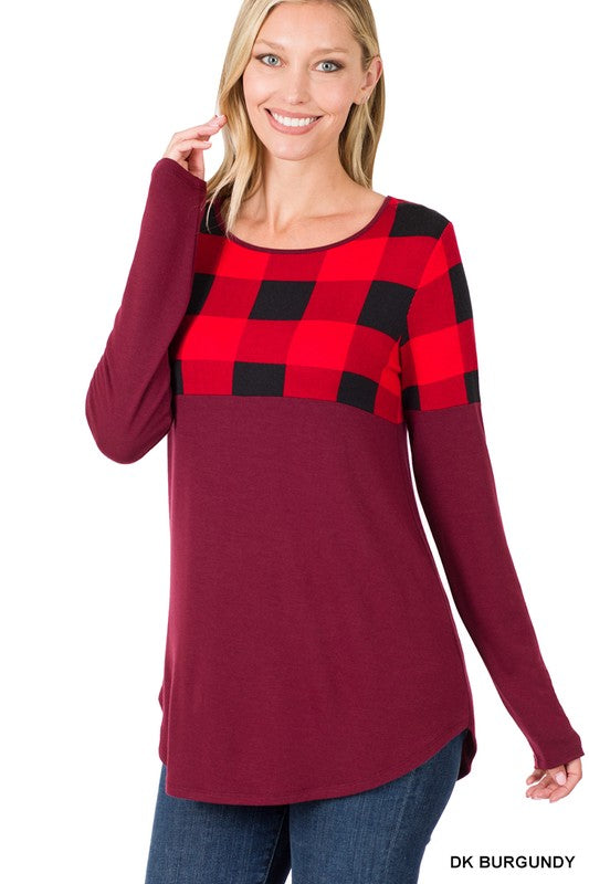 Plaid Color Block Top (Burgundy)