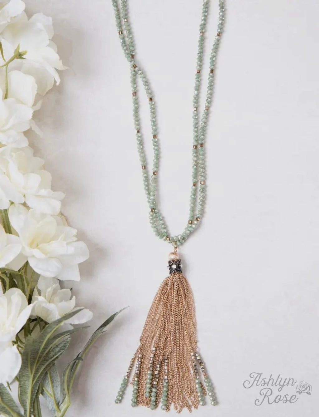 Cascade in Jade Beaded Necklace with Chain Tassel