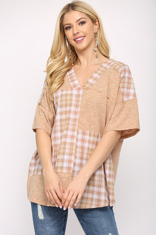 Plaid Color-block Top (Sand)