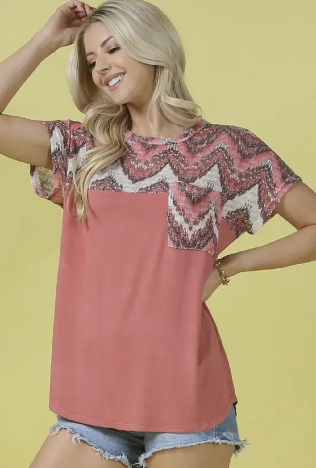 Chevron Knit Color Block Top (Coral)