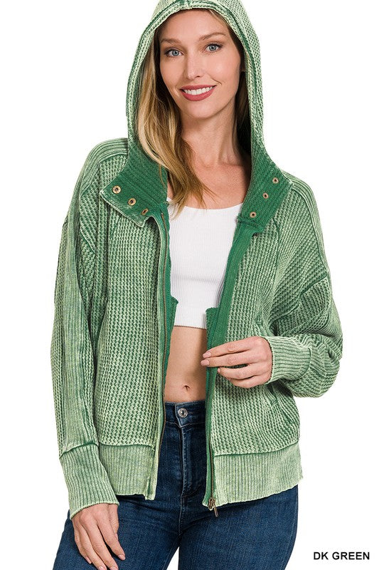 Acid Wash Waffle Knit Zip Up Jacket (Dk Green)