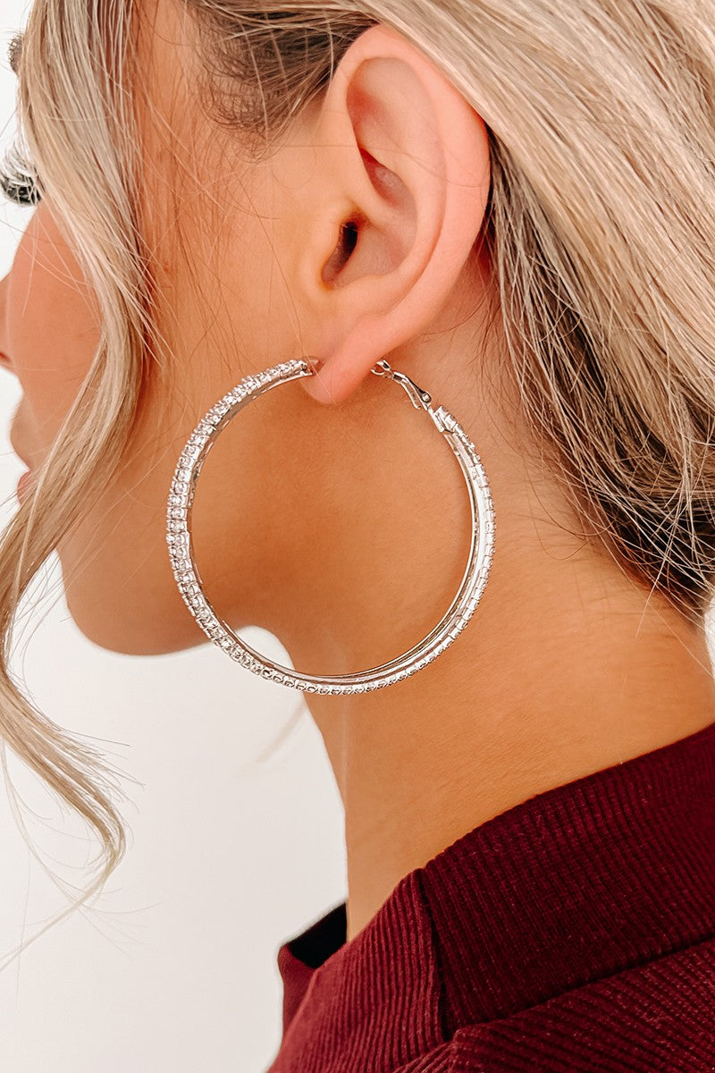 Twisted Rhinestone Silver Hoop Earrings