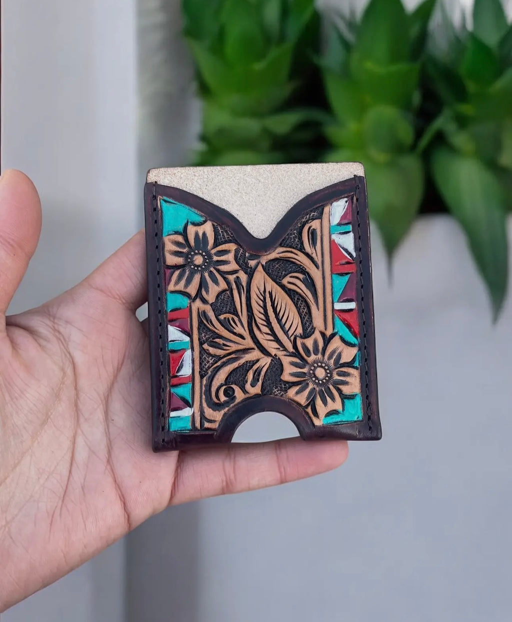 Mini Aztec Leather Credit Card Wallet
