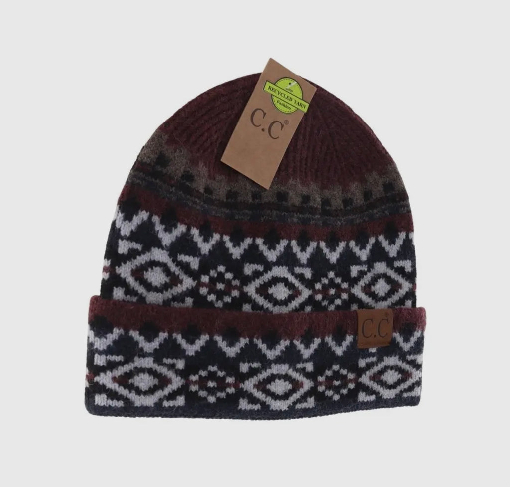Aztec Pattern Cuff C.C Beanie (Burgundy)