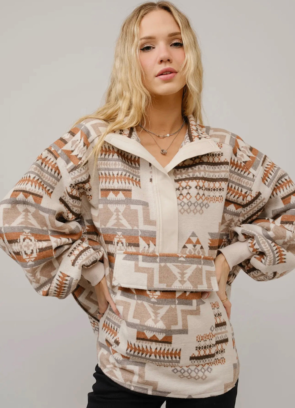 Aztec Jacquard Mock Neck Pullover