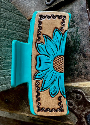 Tooled Blue Flower Claw Clip 4”