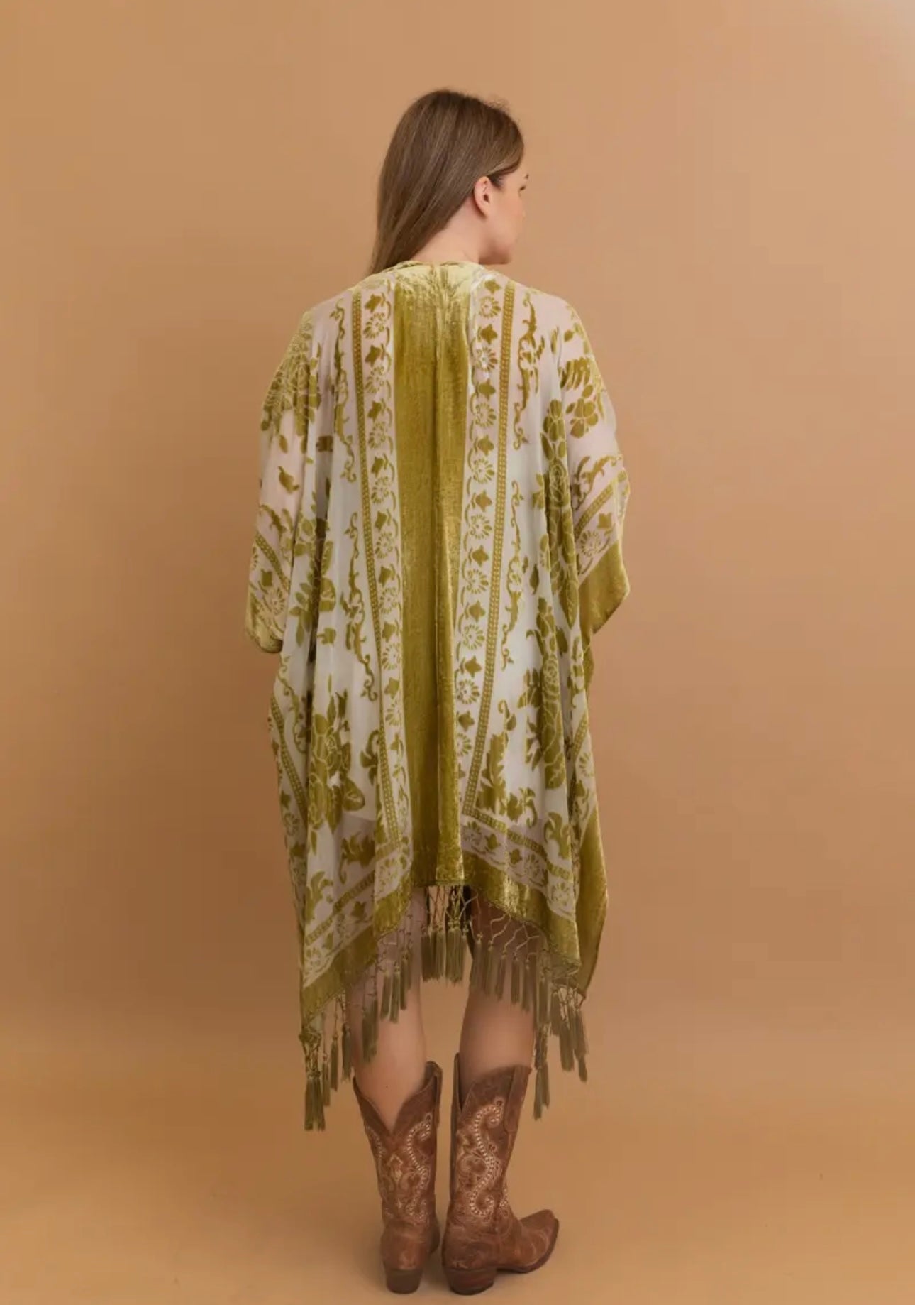 Heavenly Velvet Mesh Tassle Kimono (olive green)