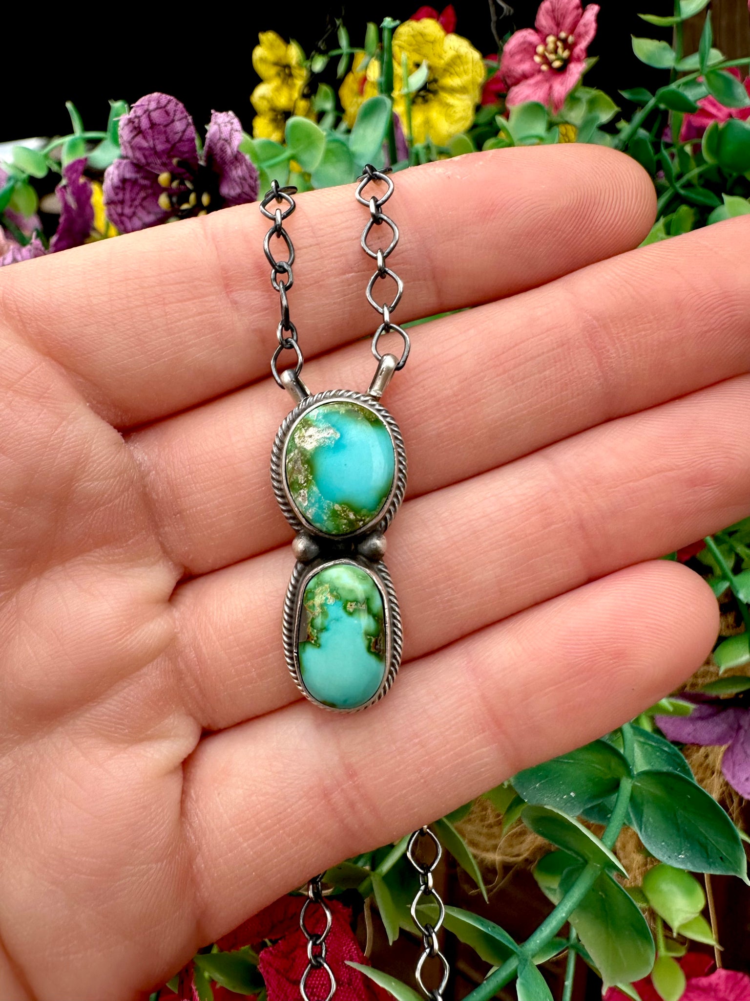2 Stone Turquoise & Sterling Silver Necklace