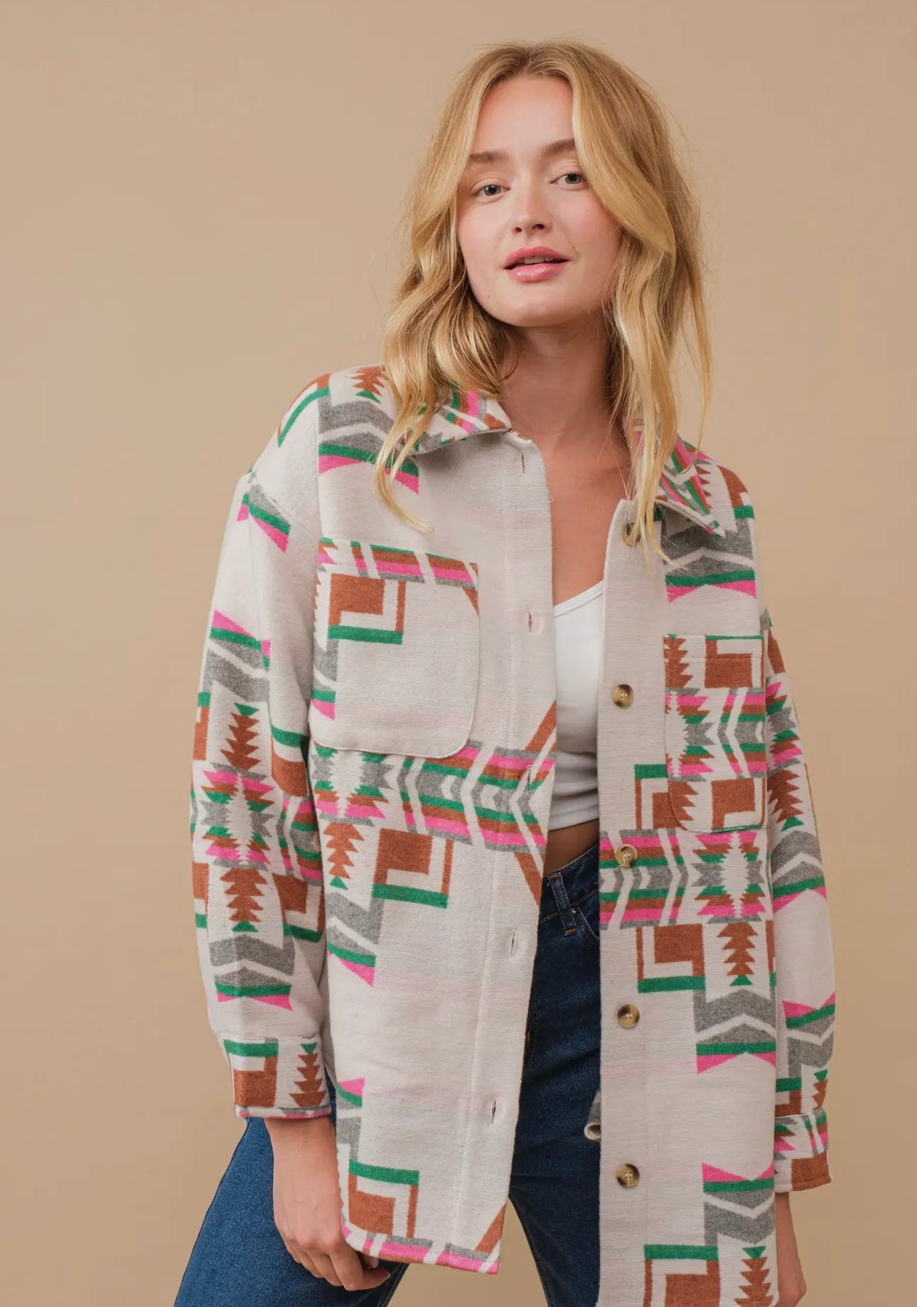 Adalaya Aztec Button Up Shacket