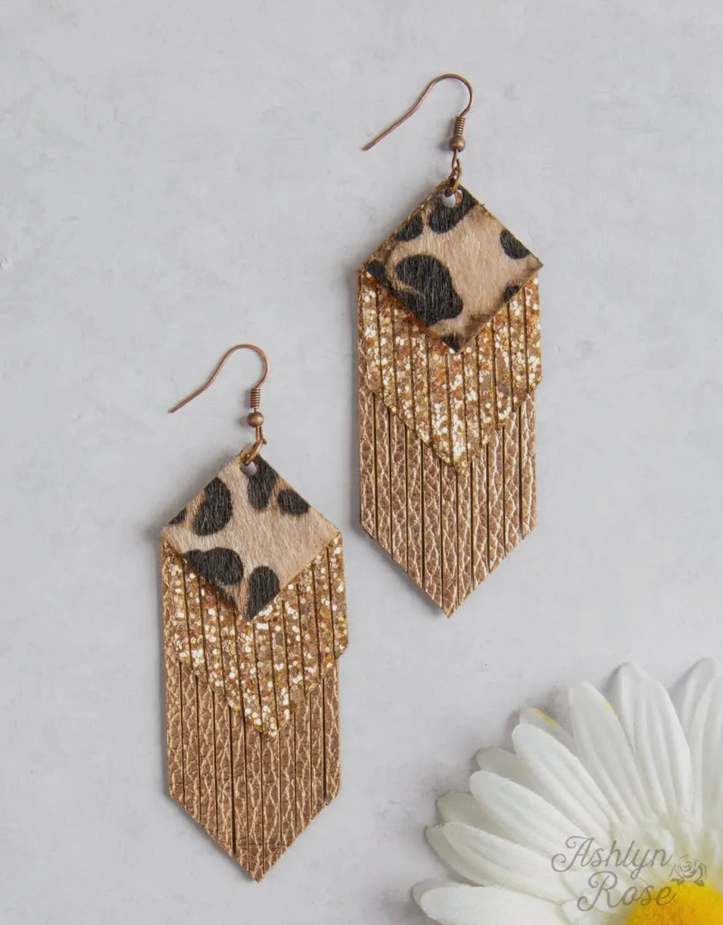 Fringe For Days Earrings, Gold and Leopard