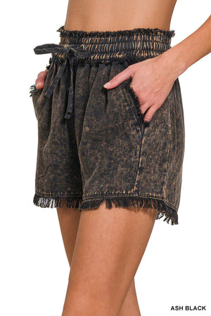 Black Mineral Washed Frayed Shorts